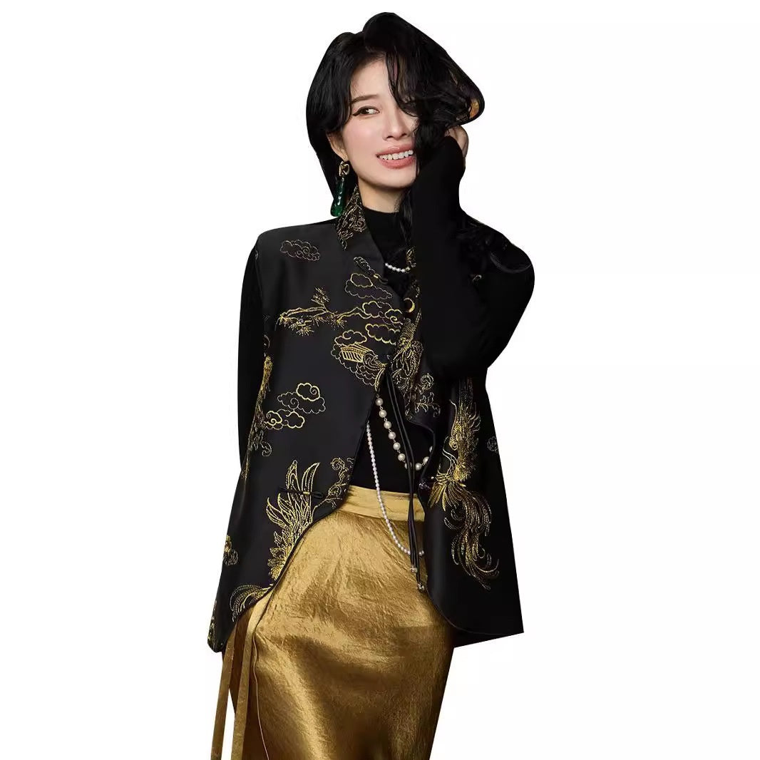 Autumn Retro Tang Suit Vest for Women in Black, Sizes M-XL