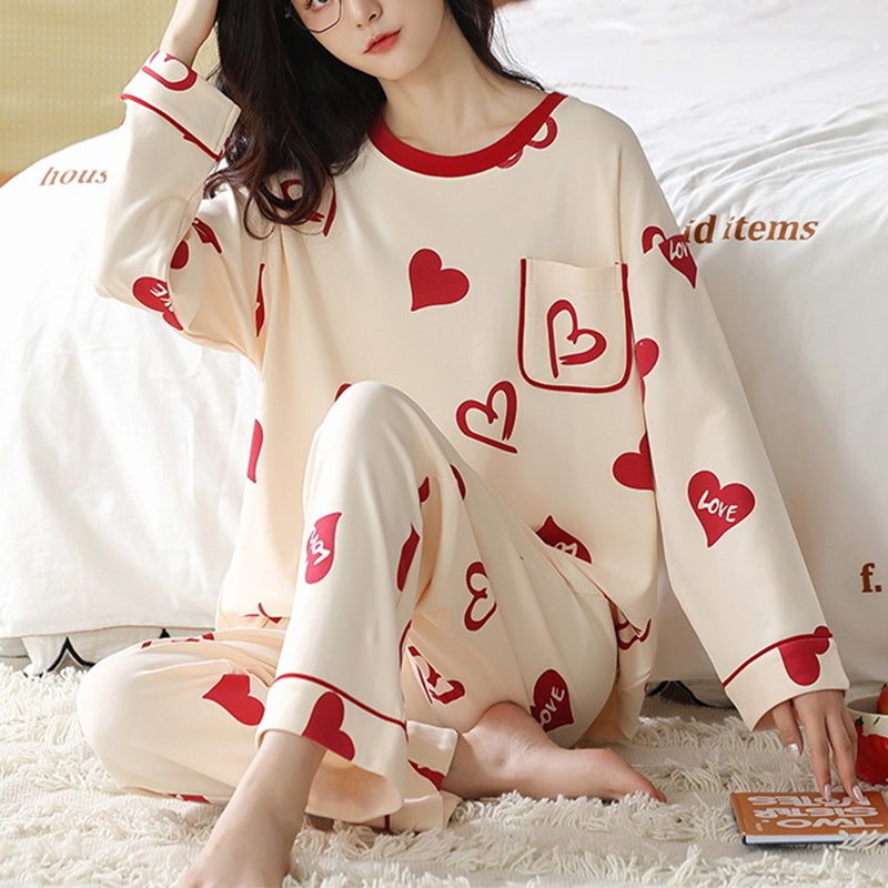 Ensemble de pyjama en coton mélangé imprimé ample pour femme - Haut à manches longues et pantalon - Vêtements de nuit et de détente pour automne et hiver