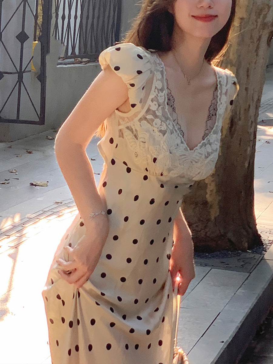 Women's Lace V-Neck High Waist Polka Dot Dress S-XL