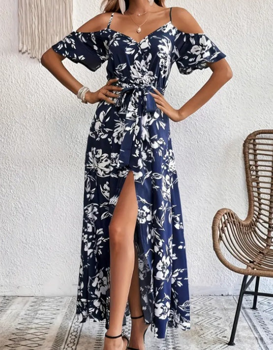Flower Print Split Suspender Lace-Up Summer Dress for Women
