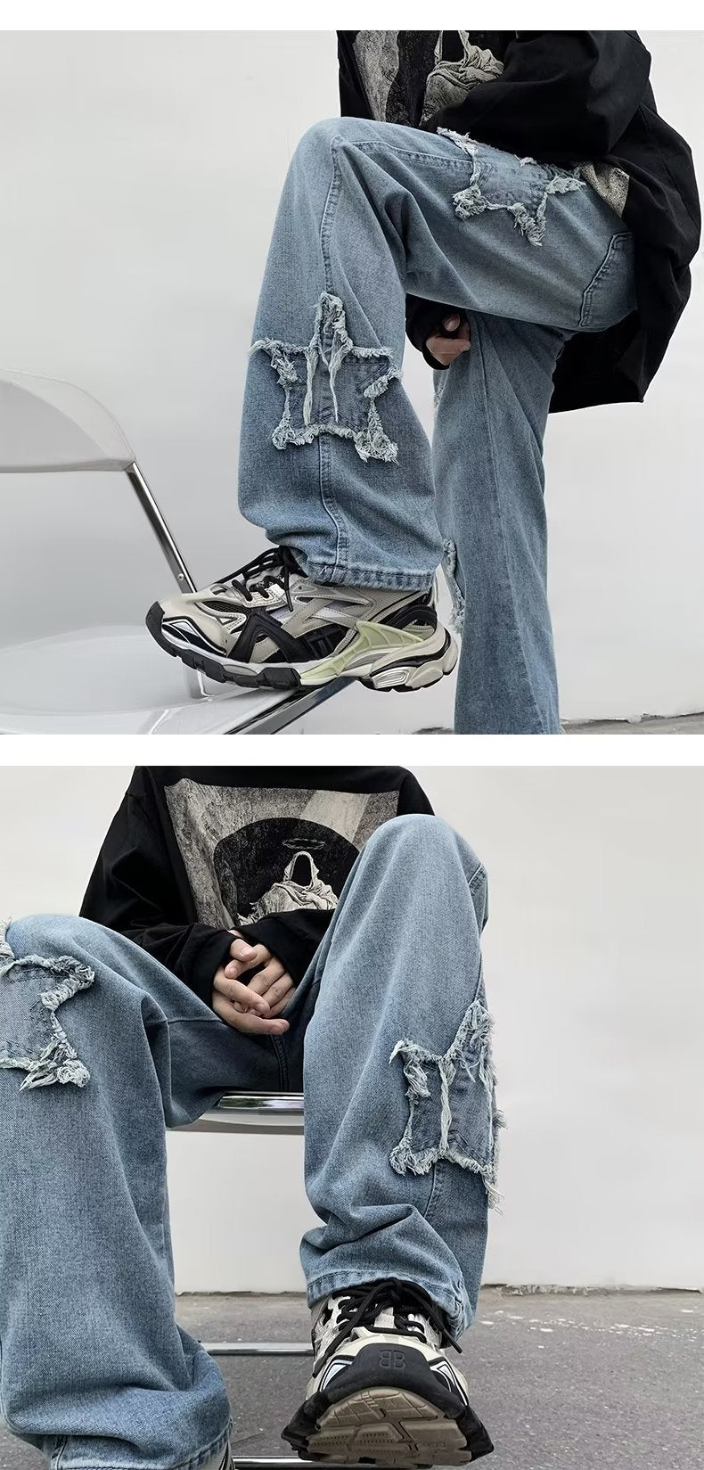 Men's Blue Loose Straight Denim Pants Mid Waist