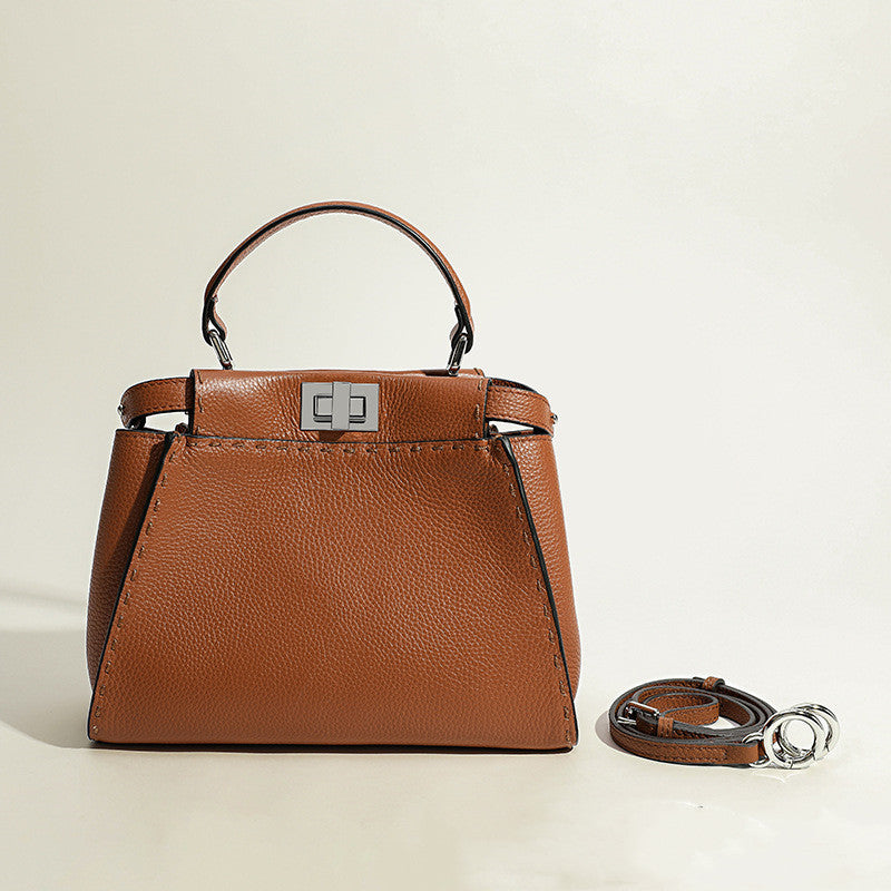 Cowhide Lychee Pattern Handbag with Metal Lock - Black, Caramel, Green, Gray, S & L Sizes