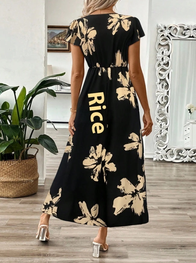 Robe longue élégante d'été pour femmes, avec col en V, imprimée et à manches courtes volants