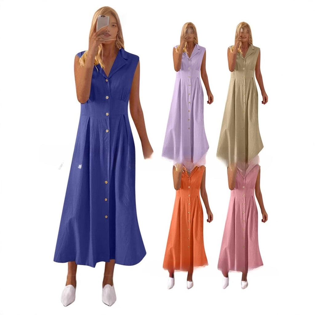 Plus Size Women's Sleeveless Cotton Linen Lapel Button Dress