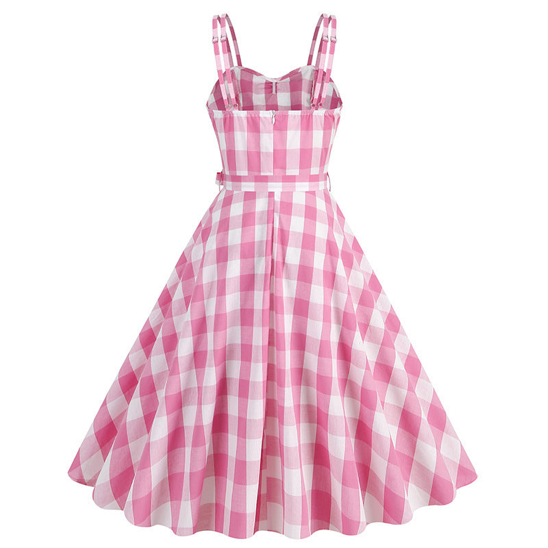 Hepburn Style British Lattice Vintage Pink Mid Waist Dress