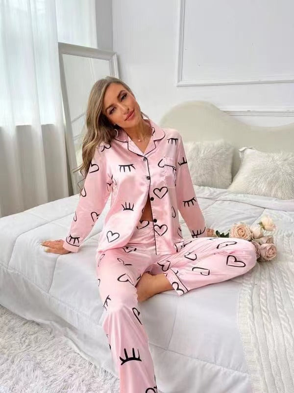 Women’s Sweet Luxury 5050 Artificial Silk Lapel Long Sleeve Pajama Set with Trousers