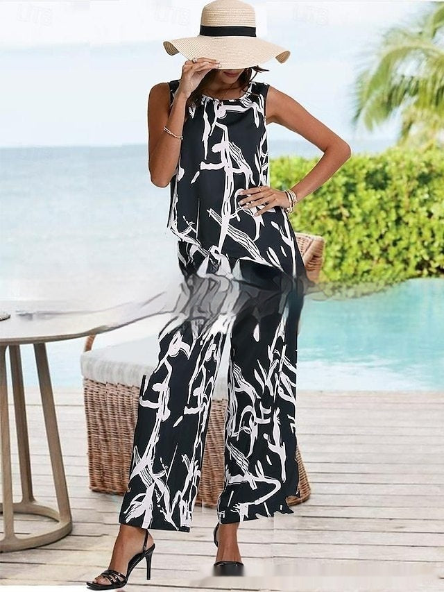 Women's Sleeveless Round Neck Top & Printed Pants Set Spring Summer