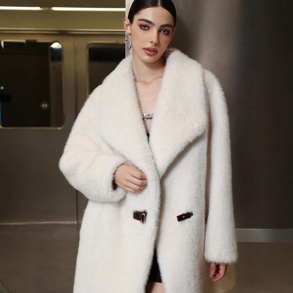 Women's Casual Warm Fur Collar Polyester Jacket with Belt