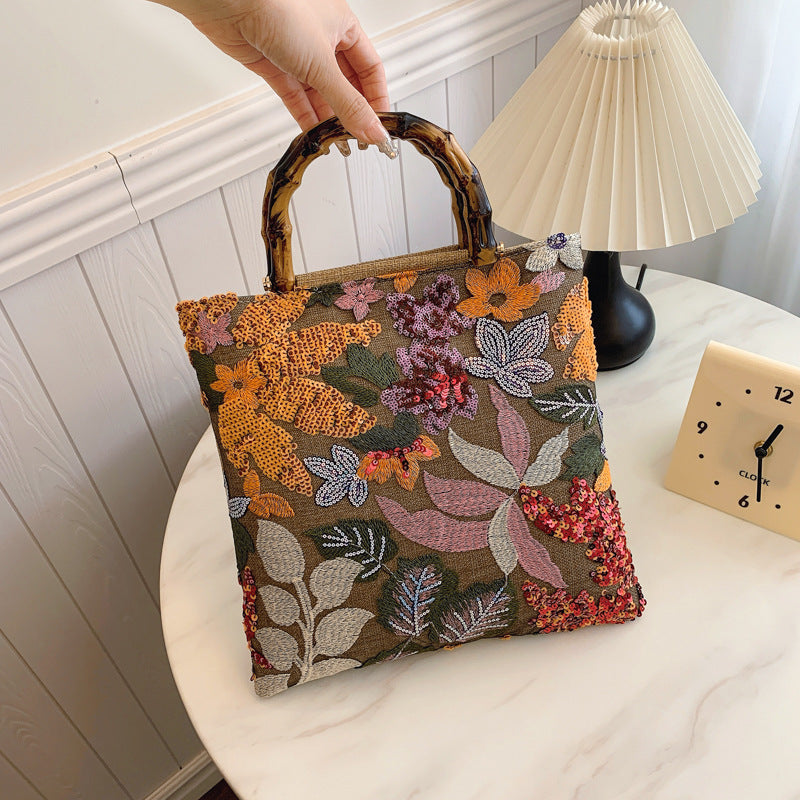 Vintage Embroidered Colorful Sequin Bamboo Handbag