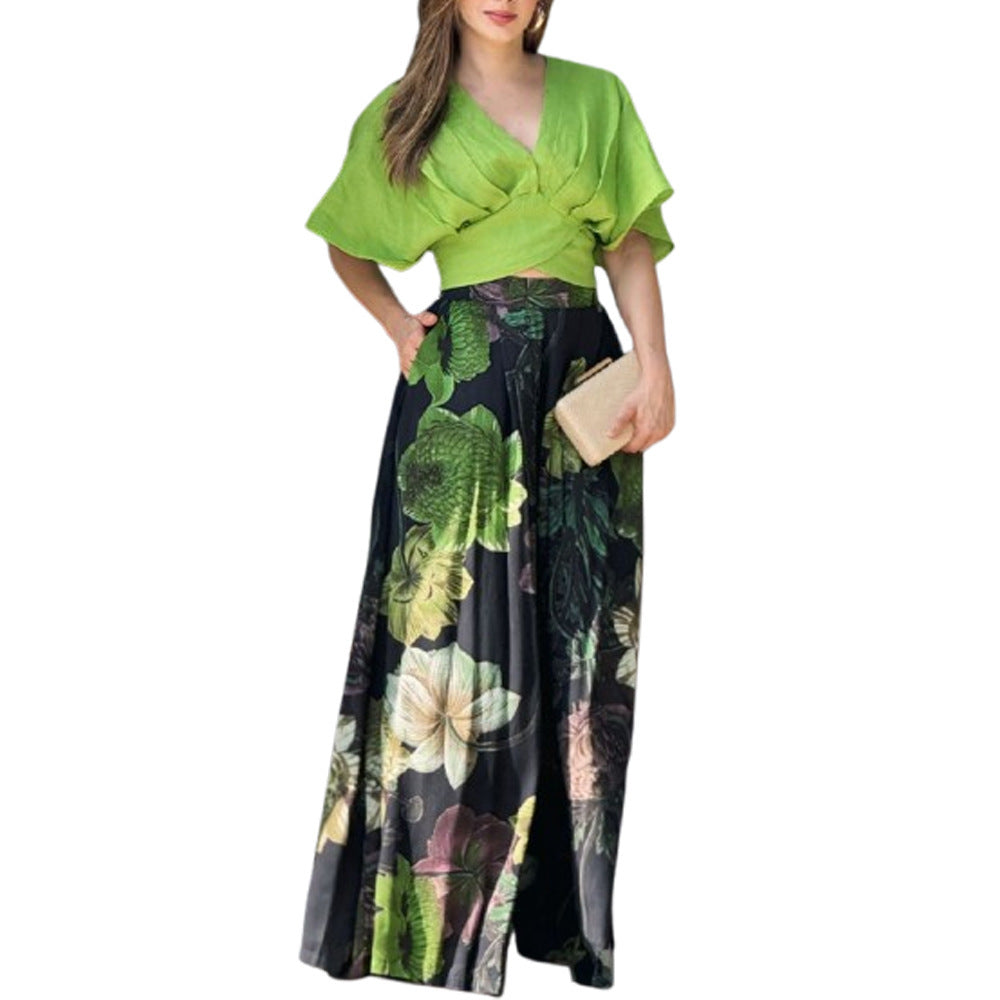 Women's Summer Printed Two-Piece Suit Short Sleeve Top & Pocket Trousers