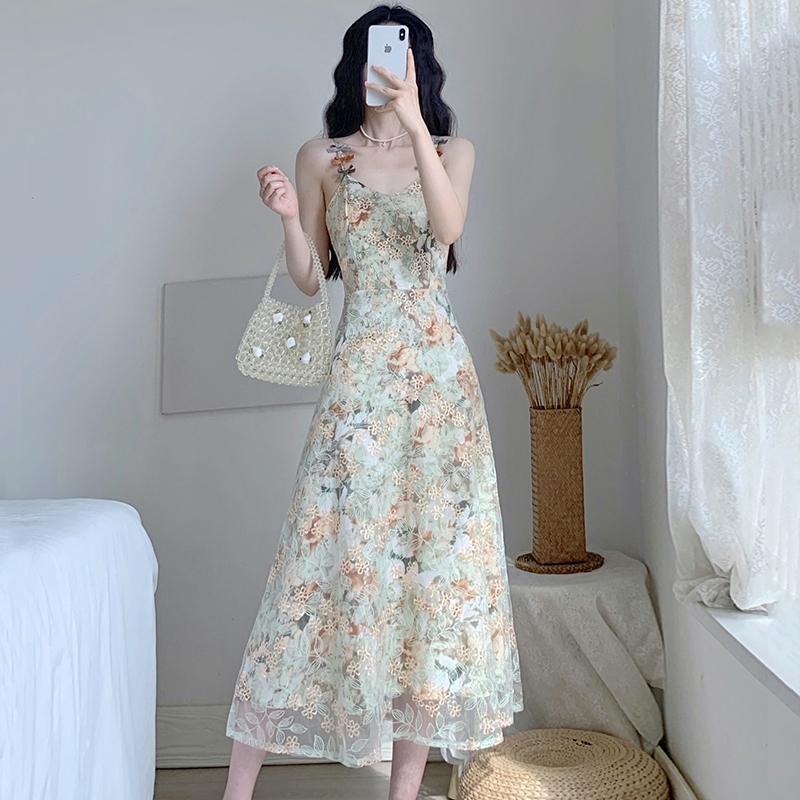 French Retro Green Lace Spaghetti Strap Dress Summer