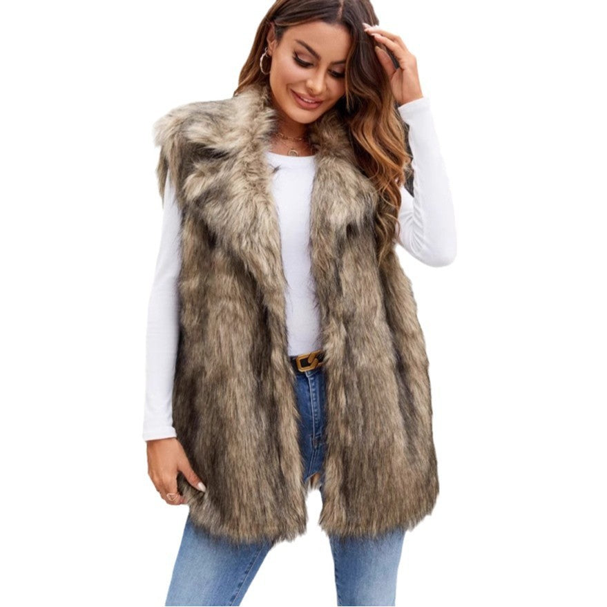 Gilet sans manches en fausse fourrure mi-longue pour femmes européennes et américaines