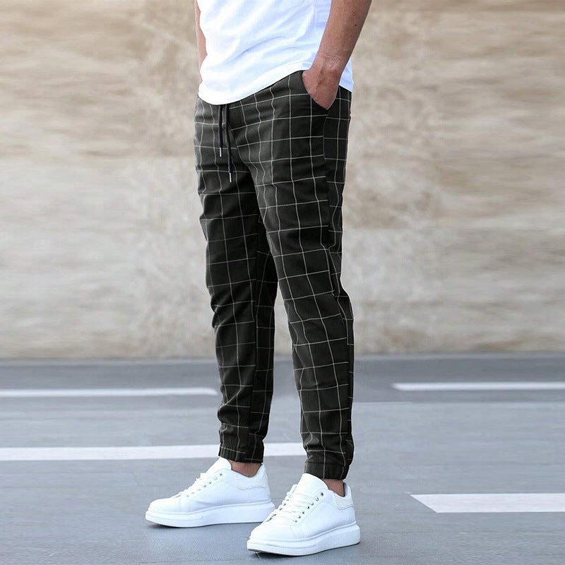 Pantalon décontracté à carreaux pour homme avec cordon de serrage, taille mi-haute, coupe droite