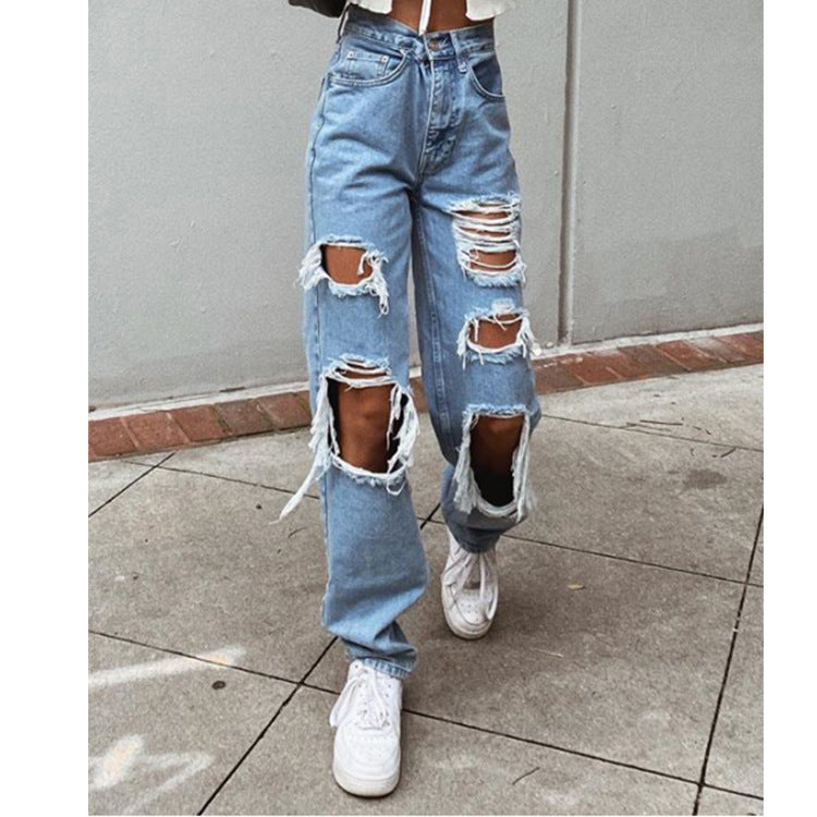 Women’s Ripped Slimming Washed Denim Jeans Trousers Mid Waist S-3XL
