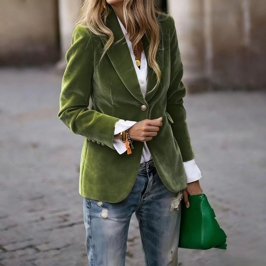 Veste décontractée croisée simple cintrée à revers en velours pour femme