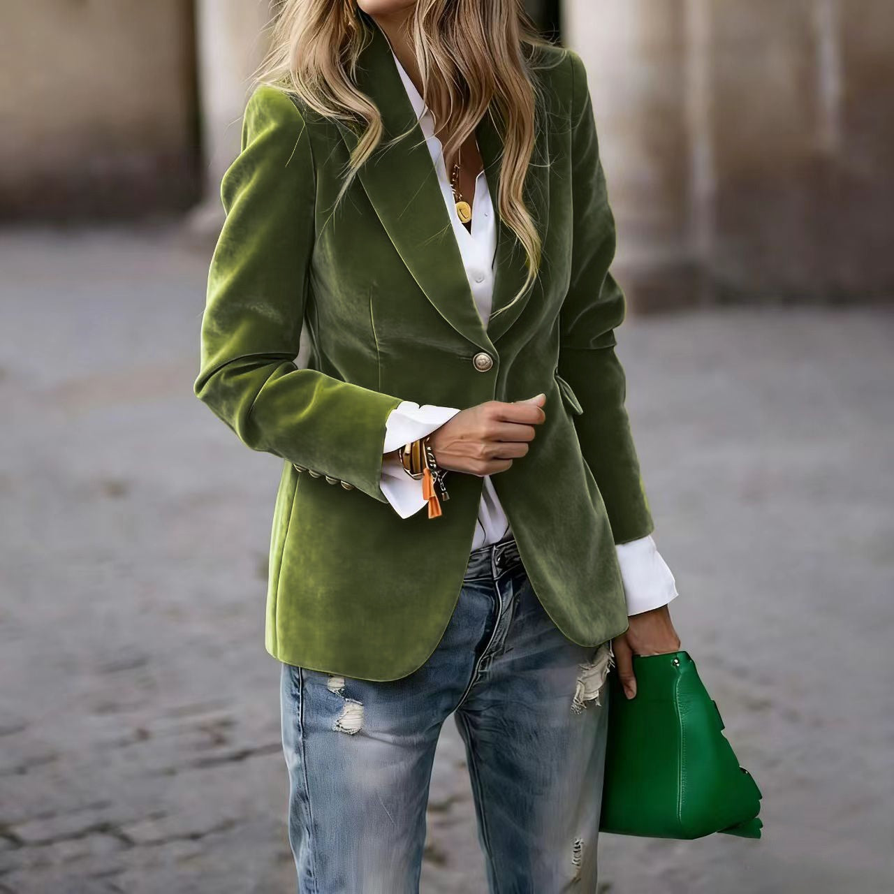 Velvet Lapel Slim Fit Single-Breasted Casual Business Jacket for Women