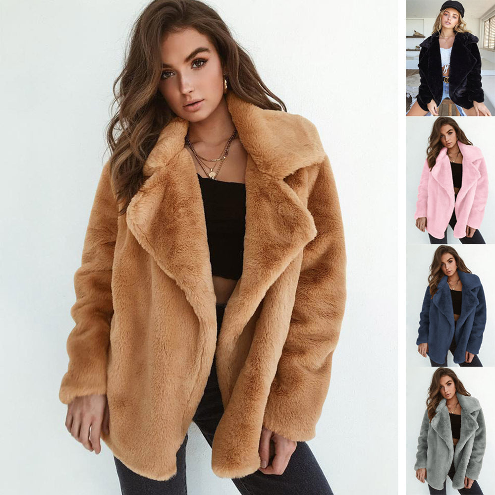 Plush Lapel Woolen Coat for Women - Casual Loose Fit