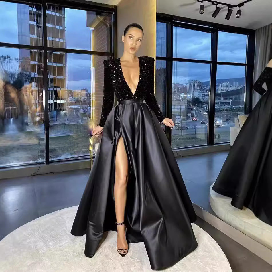 Robe de soirée longue à manches longues et col en V à paillettes pour femme, disponible en plusieurs couleurs