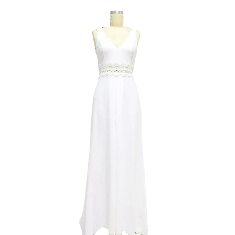 Summer Sleeveless V-Neck Slim White Lace Long Jumpsuit for Women