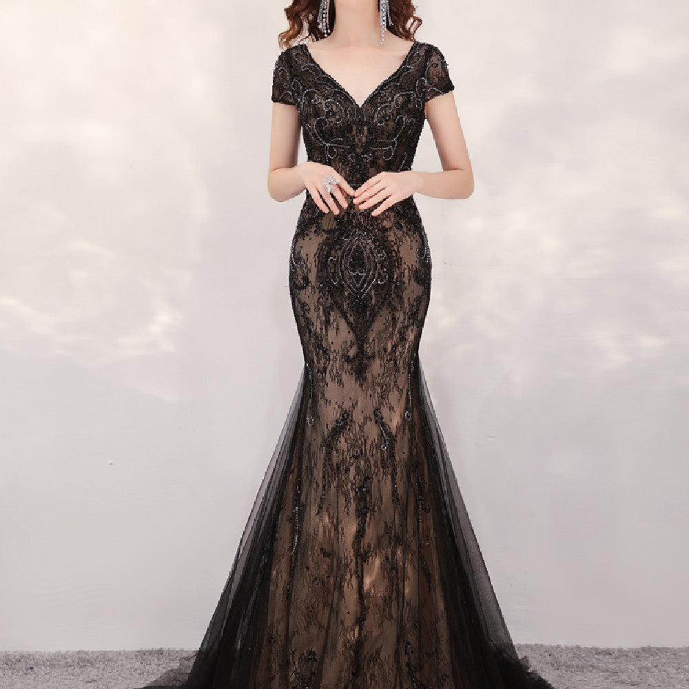 Atmospheric Korean Fishtail Long Dress with Zipper in Black Gold