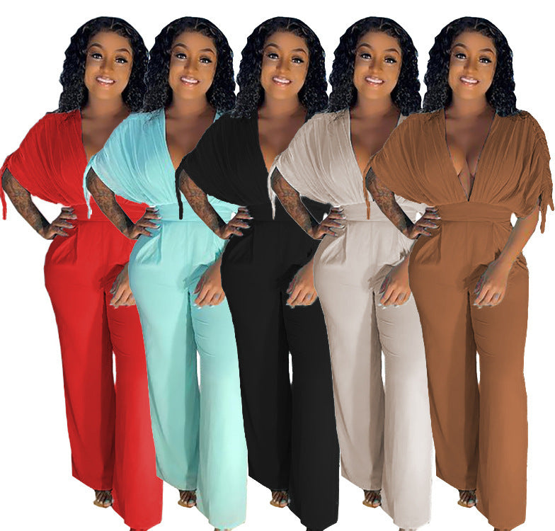 Women’s Solid Color Drawstring Short Sleeve Loose Jumpsuit