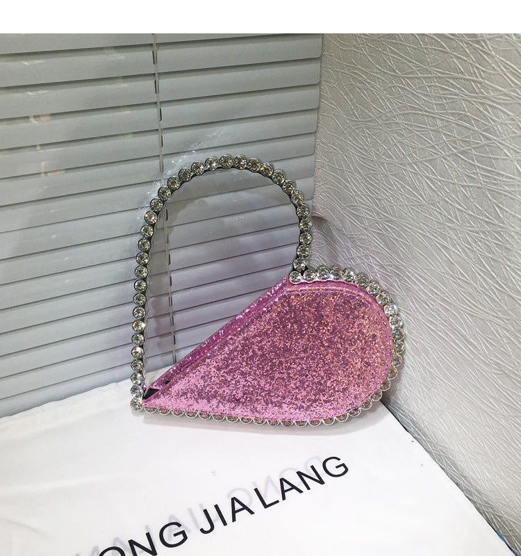 Personalized Diamond-Embedded Heart-Shaped Handbag 26x20cm in Pink, Champagne, Gold & Silver