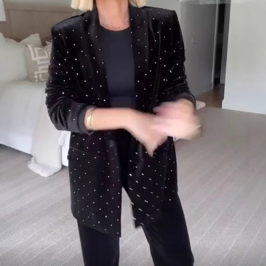 Veste de tailleur ample en velours à motif de perçage tendance pour femme