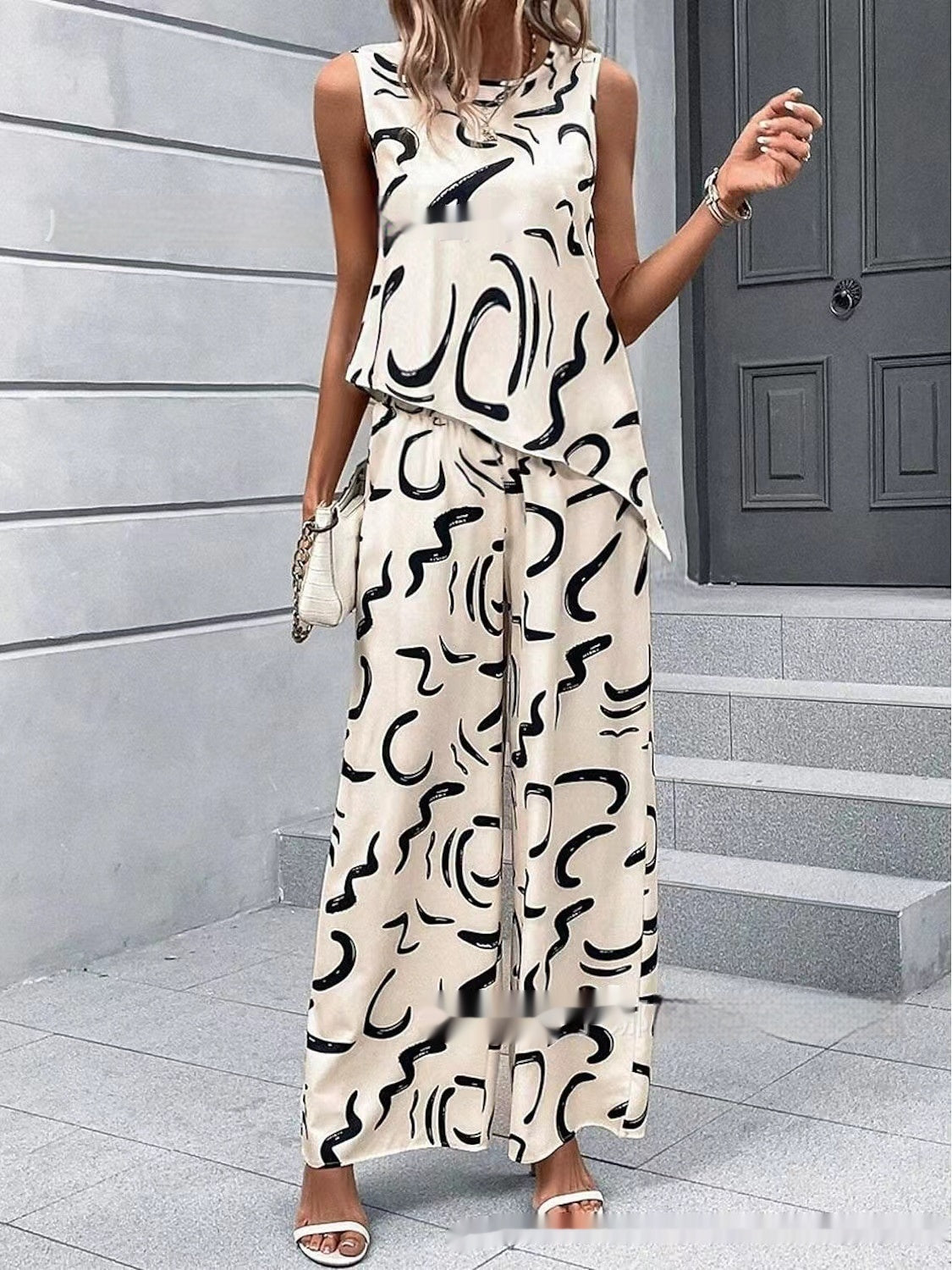 Women's Sleeveless Round Neck Top & Printed Pants Set Spring Summer