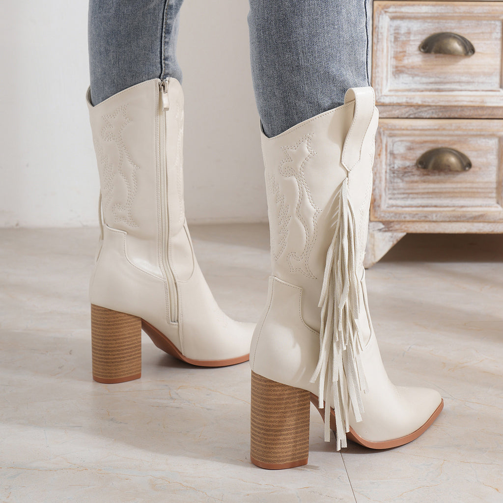 Bottes de cowboy western blanches brodées à pampilles, talon épais mi-mollet