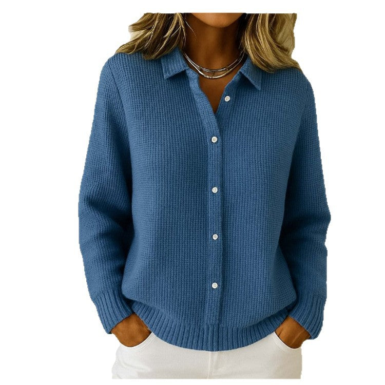 Pull décontracté tricoté à revers boutonné et manches longues pour femme