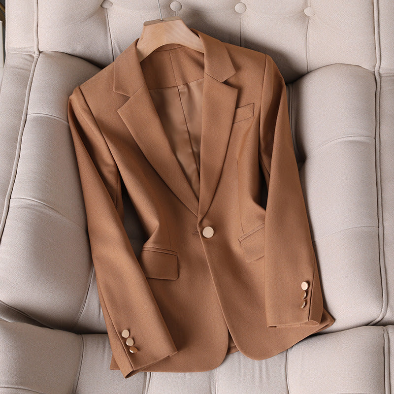 Slim Fit Women's Suits and Coats with Buttons in Caramel, Navy, and Khaki