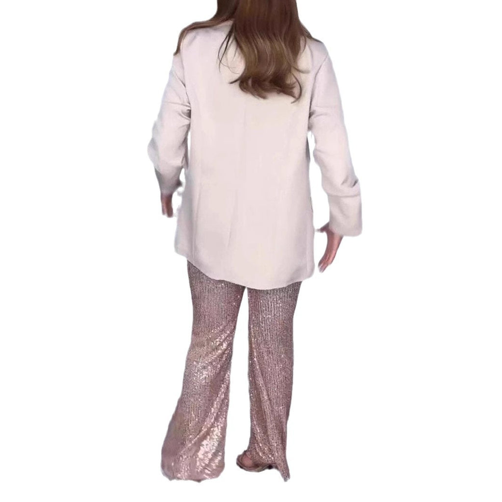 Ensemble de costume pour femme avec col en V, strass et paillettes, manches 3/4