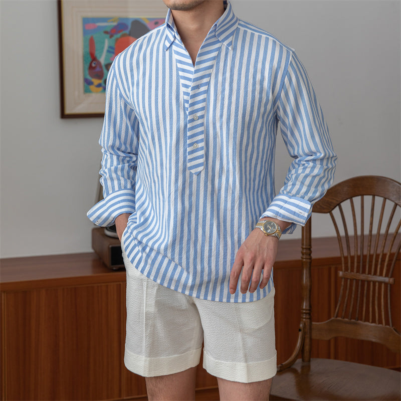 Chemise à manches longues en seersucker rayé bleu respirant