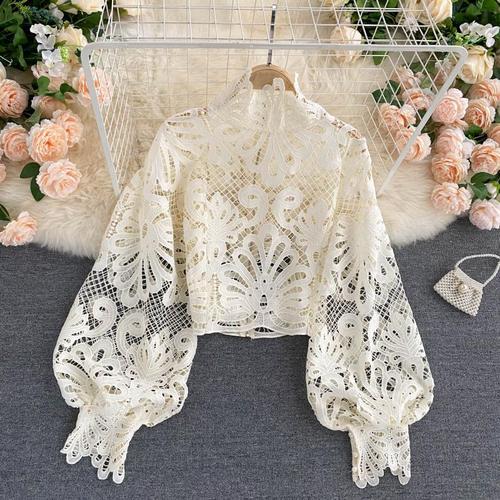 Design Sense Lace Hollow Top Stand-up Collar Puff Sleeve Loose Shirt for Thin Women
