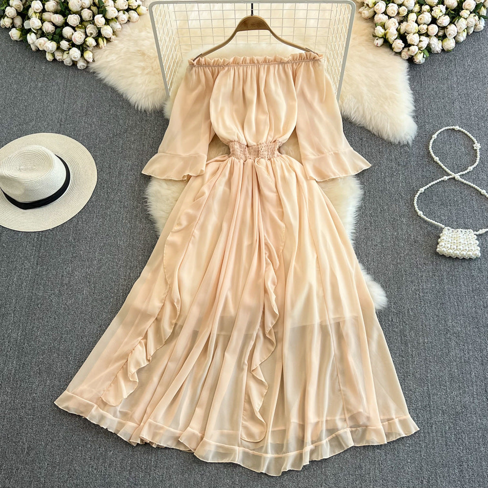 Robe Mi-Longue en Mousseline à Volants Épaules Dénudées Coupe Trapèze
