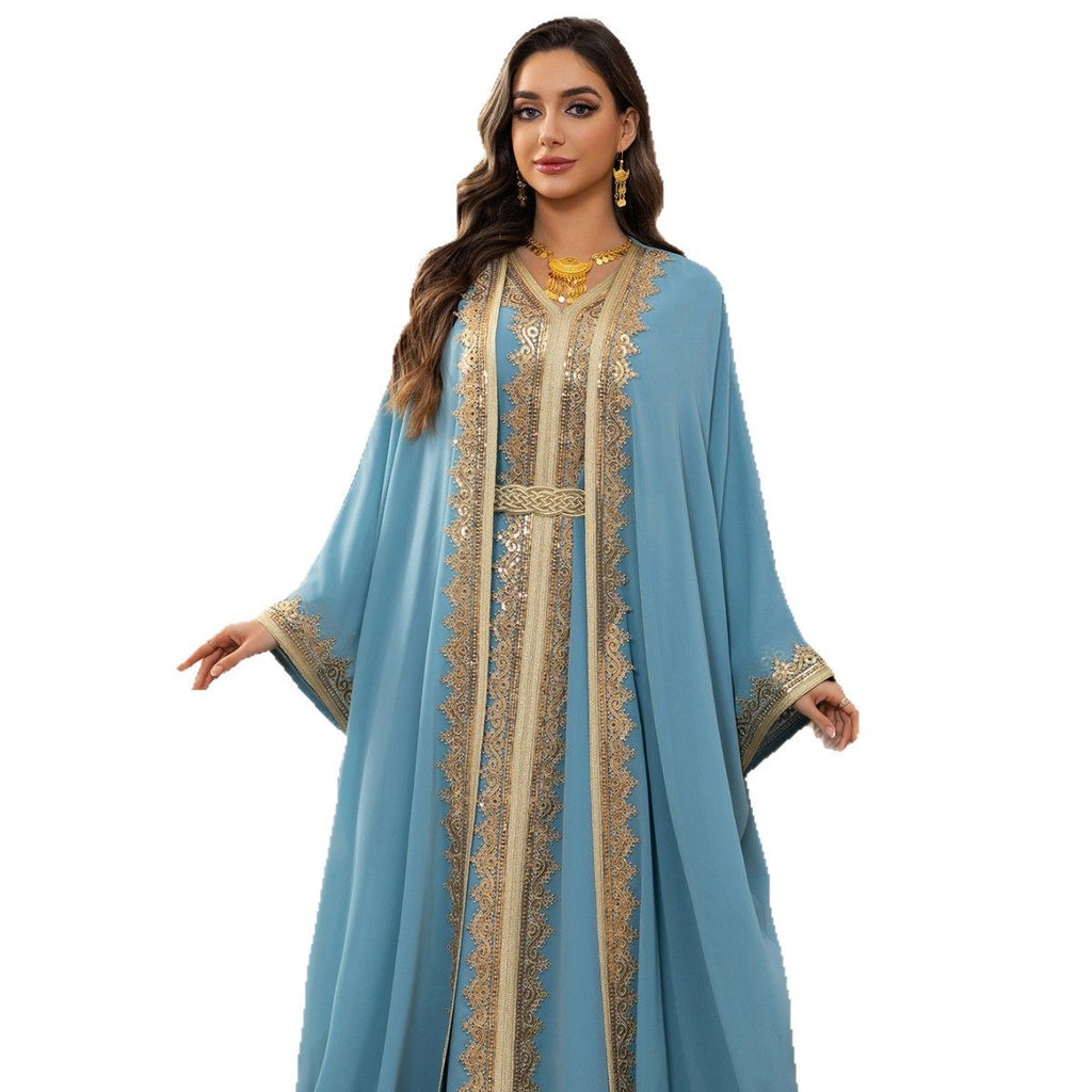 فستان إسلامي من الشيفون الأزرق السماوي مع حزام، مقاسات S-XXL