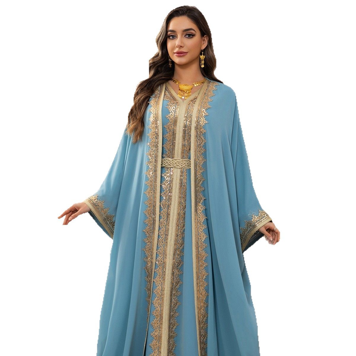 فستان إسلامي من الشيفون الأزرق السماوي مع حزام، مقاسات S-XXL