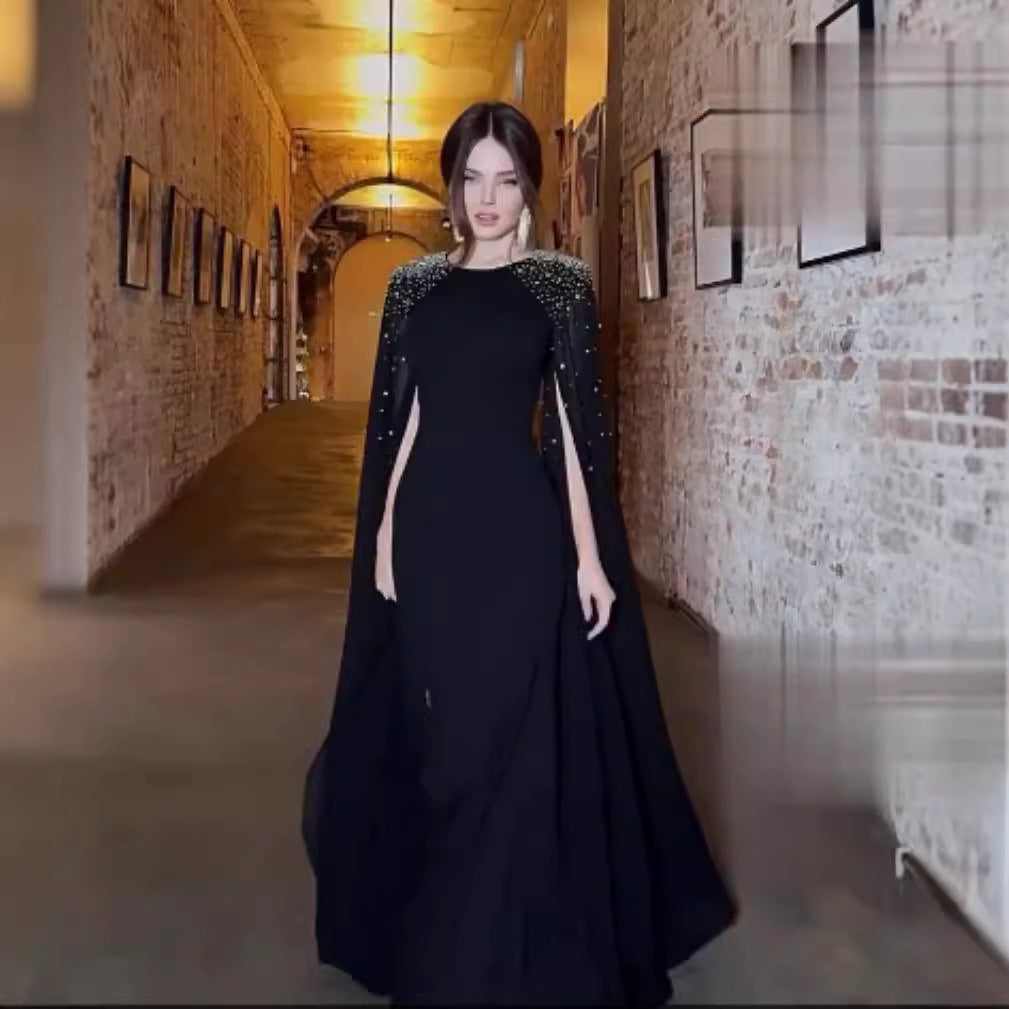 Black Middle East Hot Fix Rhinestone Evening Gown Robe Long Sleeve