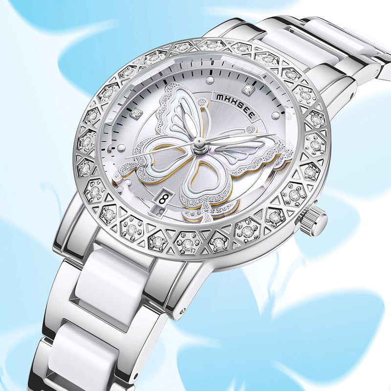 Montre de luxe pour femme ornée de diamants papillon avec calendrier et bracelet en acier