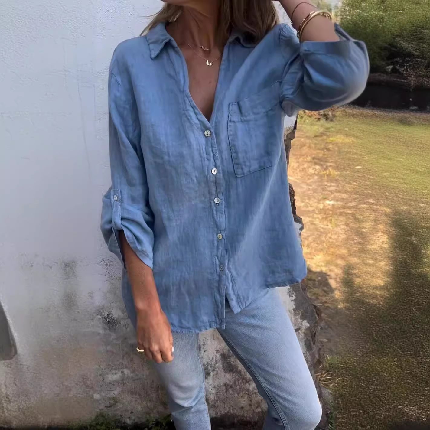 Chemise unie en polyester pour femme, coloris gris et bleu