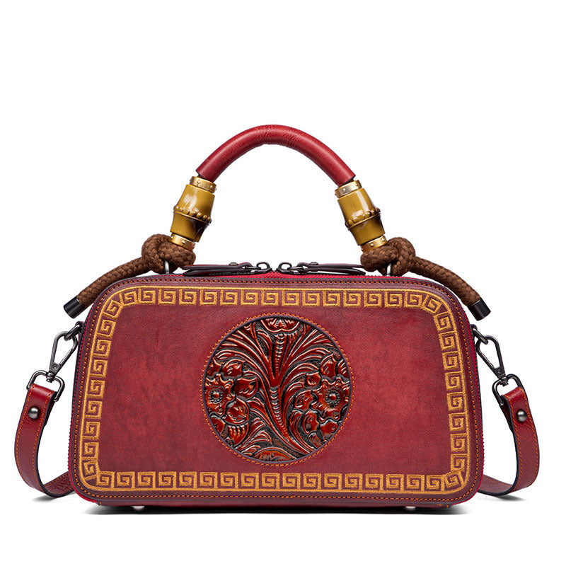 Sac pour femmes en cuir de vachette couche supérieure 25x22.5x10cm Retro Rouge Marron