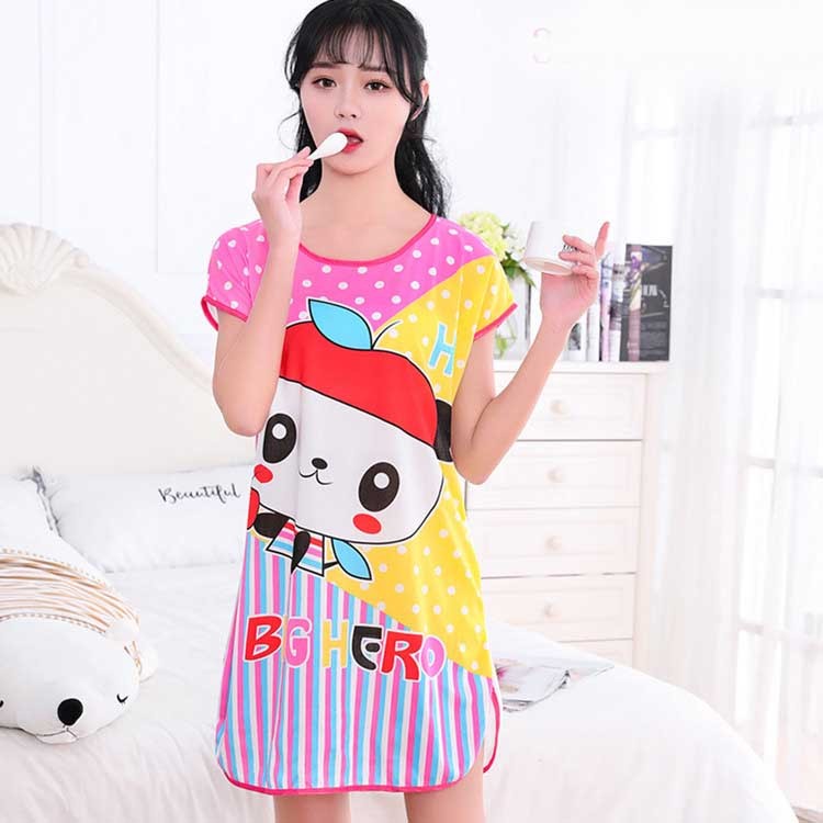 Women's Cartoon Milk Silk Short Sleeve Nightdress One-Piece