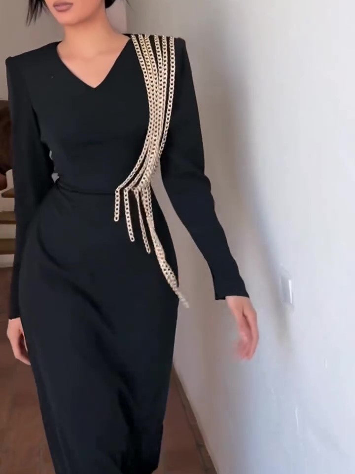 Elegant Long Sleeve Chain Maxi Dress for Classy Women