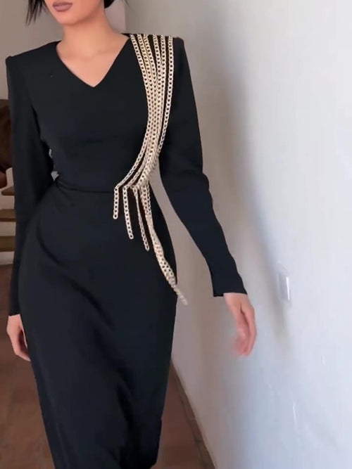 Elegant Long Sleeve Chain Maxi Dress for Classy Women