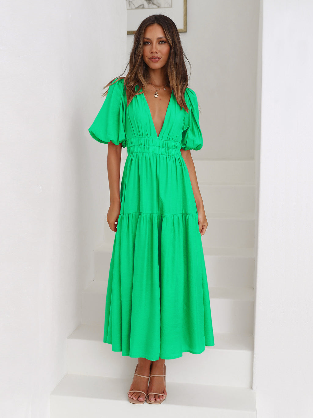 Deep V Puff Sleeve High Waist Flounced Dress for Women