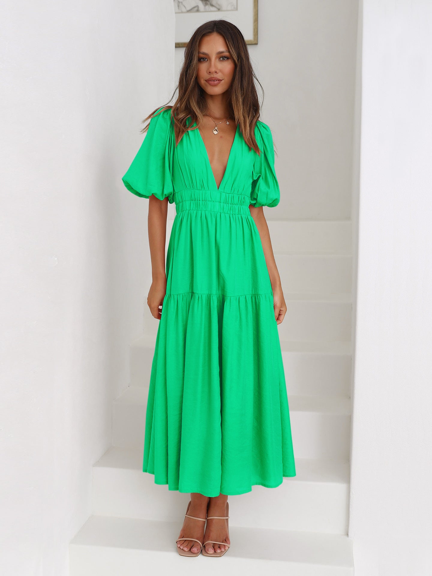 Deep V Puff Sleeve High Waist Flounced Dress for Women
