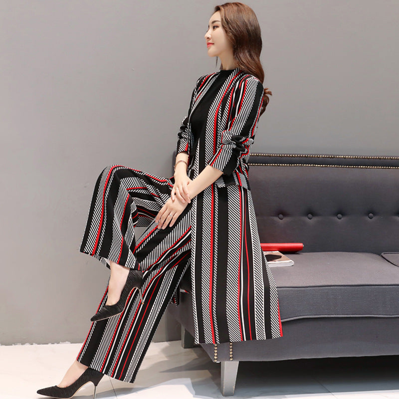 Women's Striped Trench Coat & Wide Leg Pants Two-Piece Set