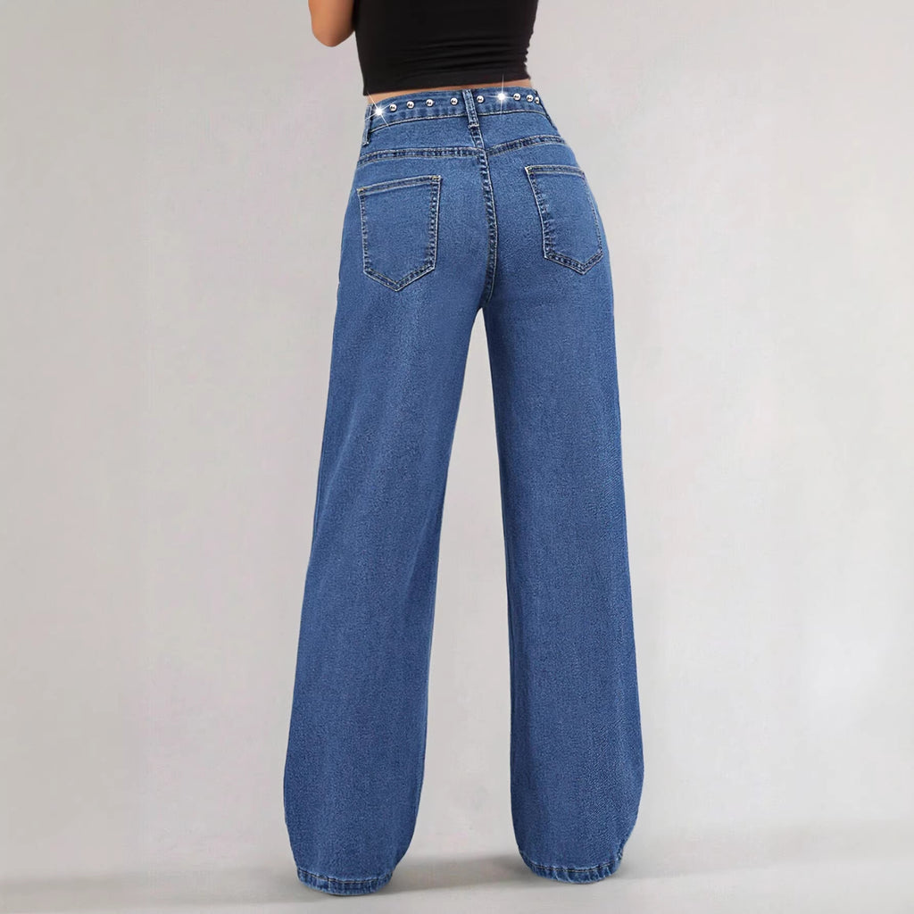 Jean droit taille mi-haute en denim bleu moyen pour femme : un look audacieux et tendance