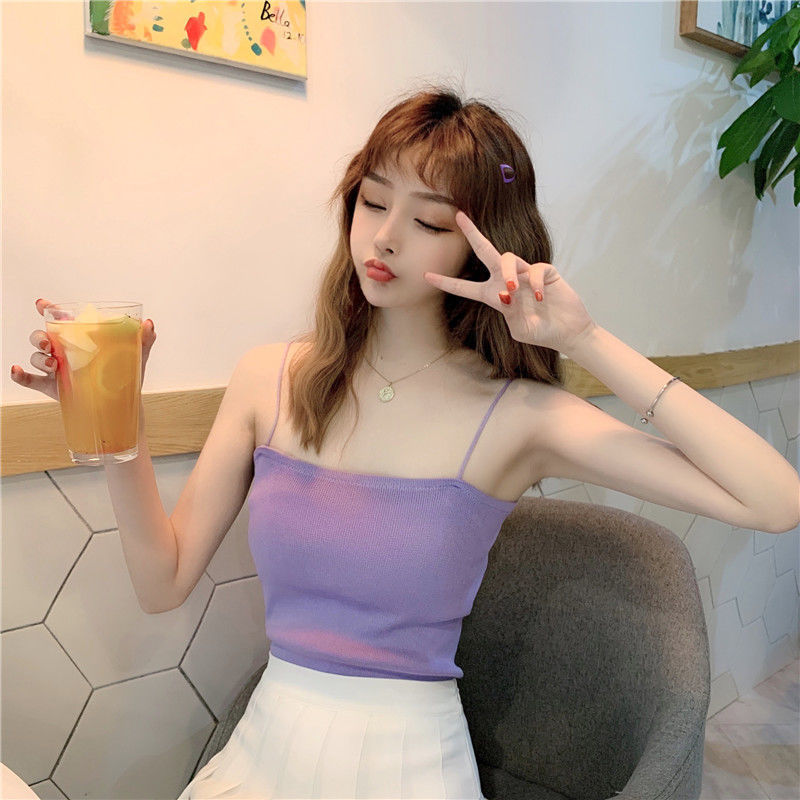 Slim Fit Knitted Spaghetti Strap Vest Outerwear Free Size