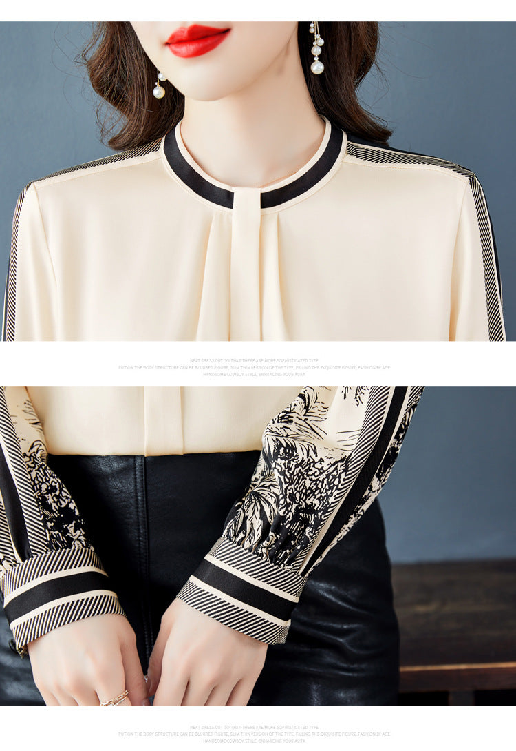 Women's Spring Clothing Versatile Slimming Temperament Printed Mulberry Silk Satin Shirt Long Sleeve